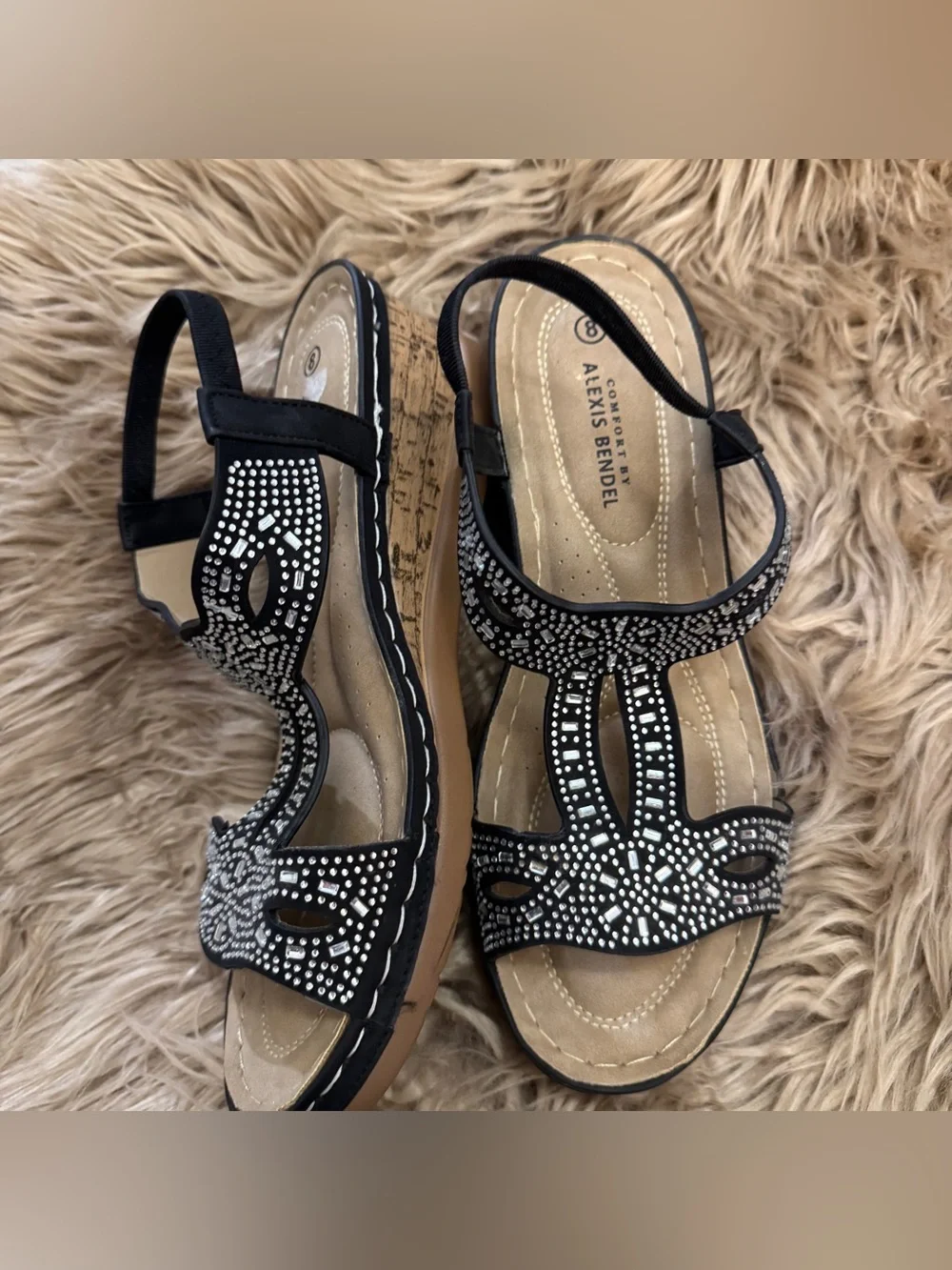 Alexis Bender Black Embellished Comfort Low Wedge Sandals, women’s 8